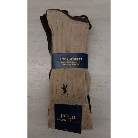 Polo Ralph Lauren Mens Brown Assorted Comfort Fit 3-Pack Crew Socks Size 10-13 - Picture 1 of 11